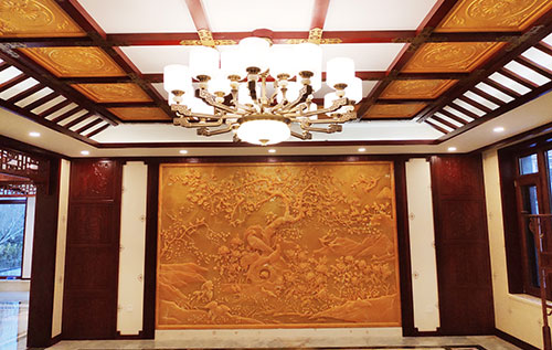 宿迁中式别墅客厅中式木作横梁吊顶装饰展示